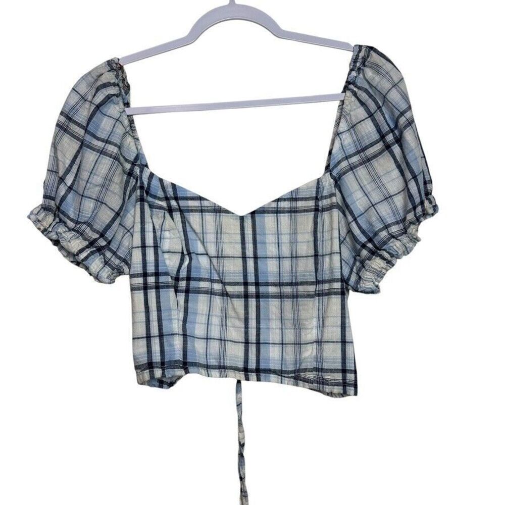 Dizzy Lizzy Lace Up Corset Crop Top Plaid Women L Blue & White Preppy Y2K